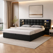Letto imbottito 180 x 200 cm con rete a doghe, USB, ricarica wireless, luce integrata e contenitore, PU nero