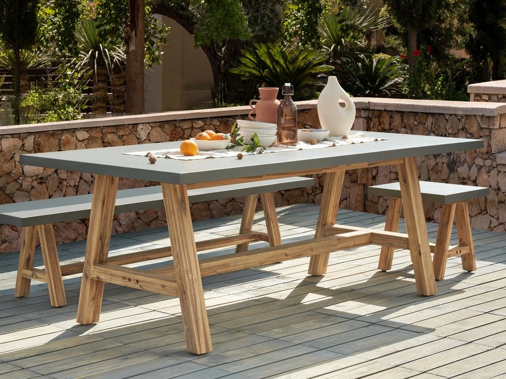 Tavolo da giardino in cemento 200 x 100 cm base in legno di acacia stile industriale grigio legno chiaro