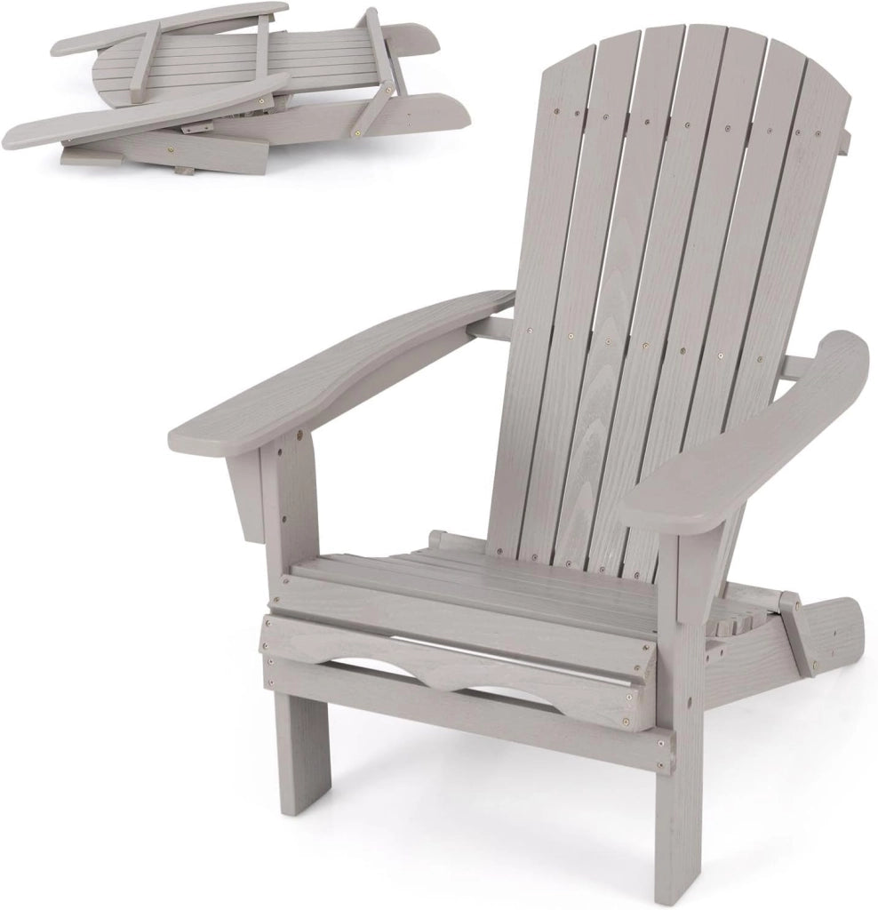 Sedia Adirondack Pieghevole, Sedia da Giardino in Legno di Abete con Schienale e Braccioli, Ergonomica, Poltrona da Esterno per Patio, Terrazza, Balcone, Veranda, Portata 180kg (Grigio*1)