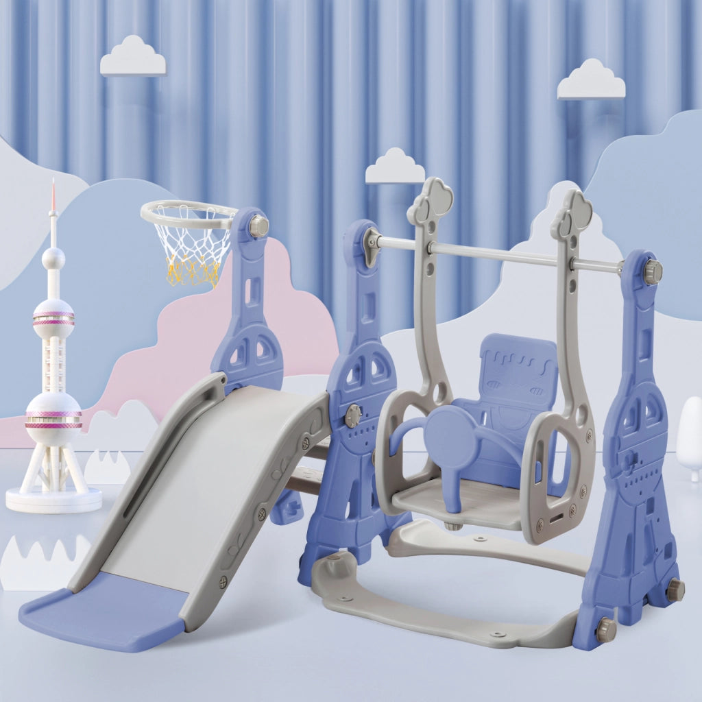 4 in 1 Parco Giochi Bambini 140x118x102cm Scivolo per Bambini, Parco Giochi Bambini Interno, con Altalena, Scivolo, Canestro Basket, Scala, Blu