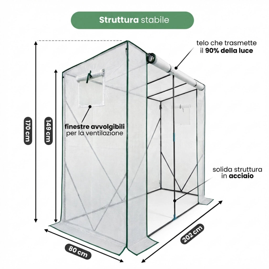 Serra da giardino a casetta con struttura in metallo e telo in PE 1 porta 2 finestre Bianco 202x80x170 cm