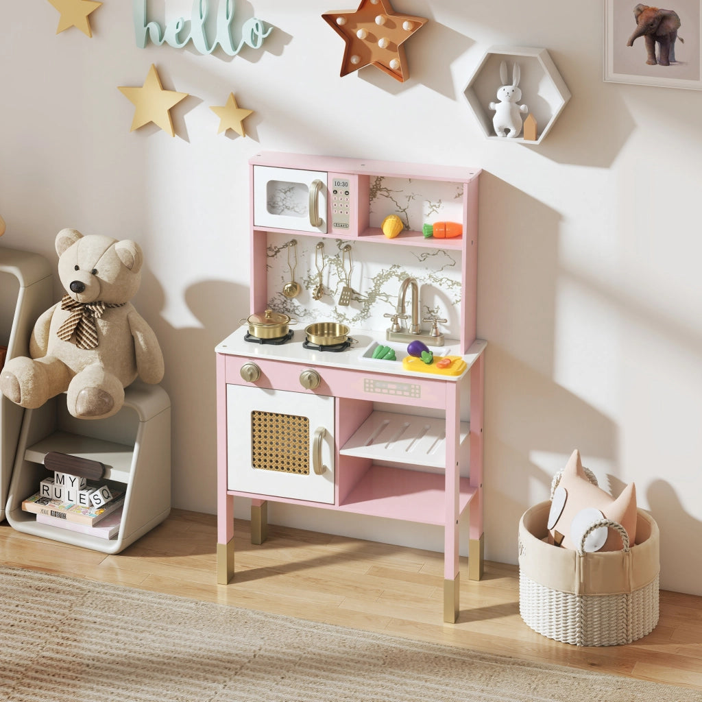Cucina Giocattolo in Legno con Accessori e Suono ¨C Zephmum ¨C Rosa, Acciaio Inox
