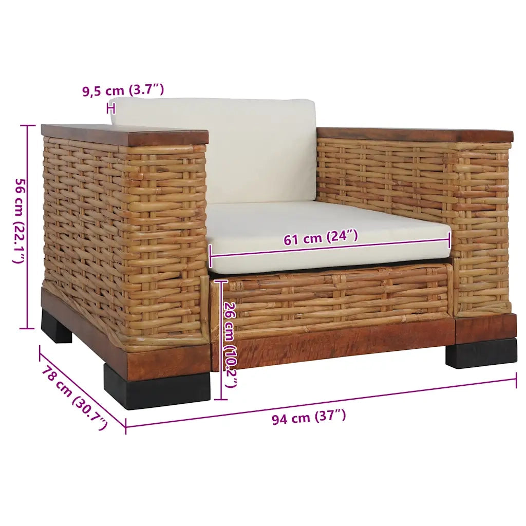 Divano Sedia-Poltrona con Cuscini Marrone in Rattan Naturale