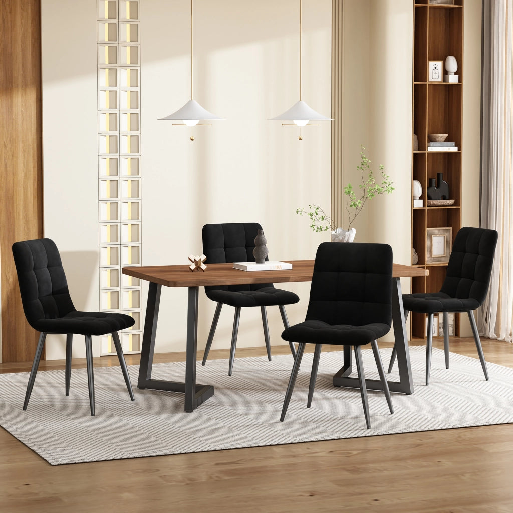 Set tavolo da pranzo con 4 sedie in velluto piano in MDF noce gambe in metallo nero per cucina 117 × 68 × 75 cm