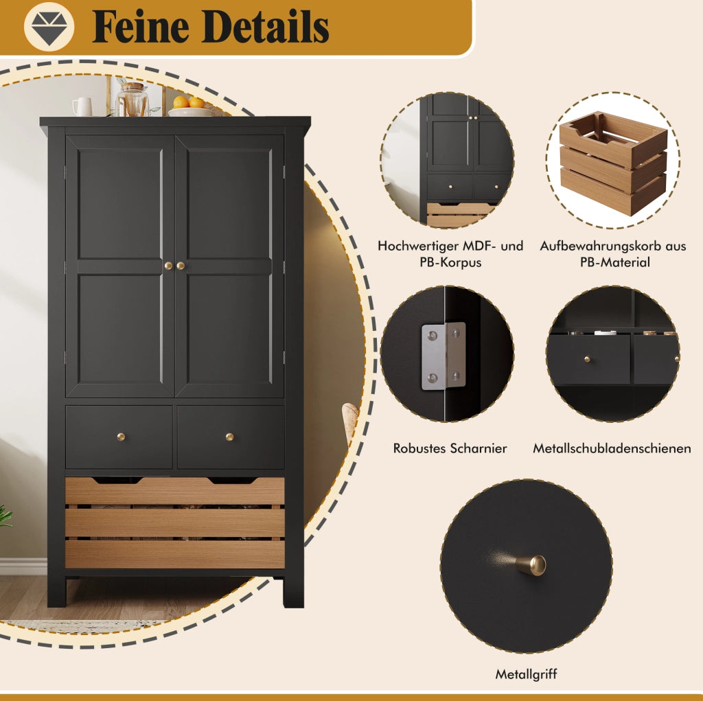 Buffet alto multiuso 80x40x140 cm con 2 porte e 5 cassetti, nero e bianco, in MDF e metallo