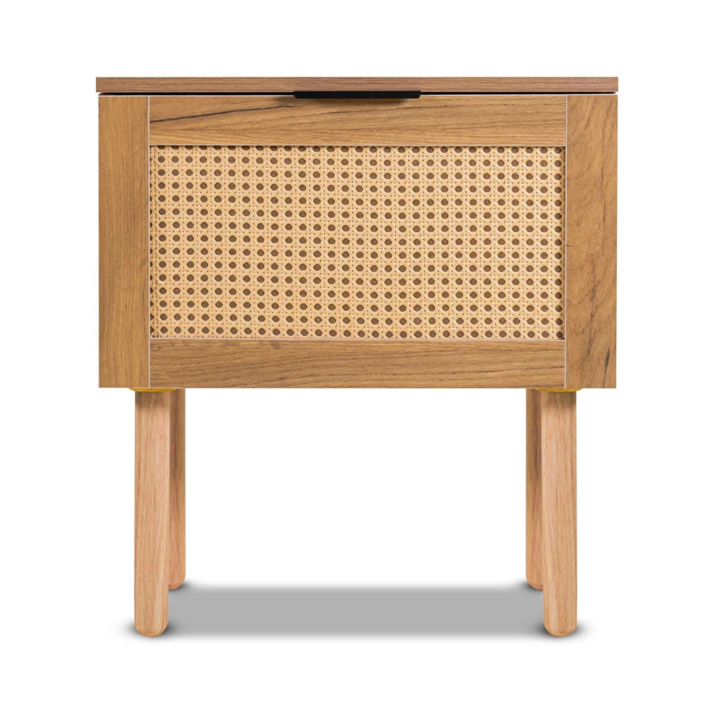Ikki - Comodino in legno con inserti in rattan, 1 cassetto
