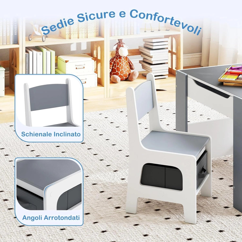 Set Tavolino Bambini con 2 Sedie per Bambini, Tavolo e Sedie 4 in 1 con Piano Doppa Faccia, Librerie Laterali e Scatola in Tessuto, Mobile Salvaspazio per Asilo e Cameretta (Grigio, Stile 2)