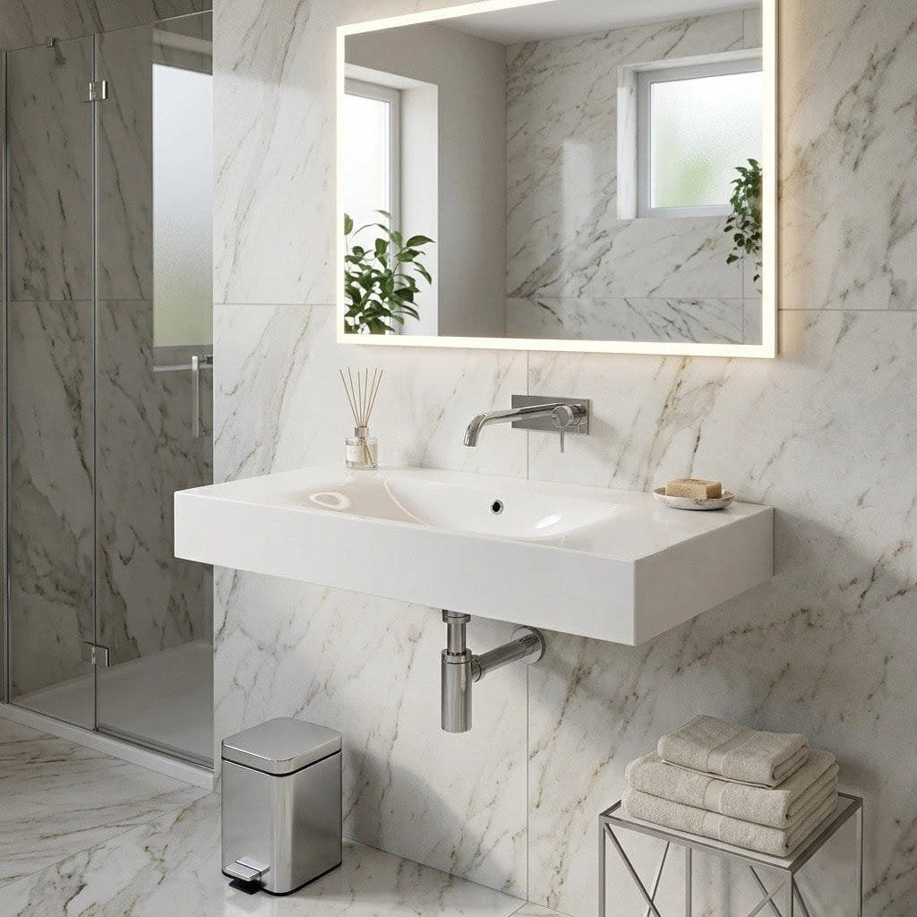 Lavabo sospeso 80 cm Rak Ceramics DES senza foro rubinetto Bianco Alpino