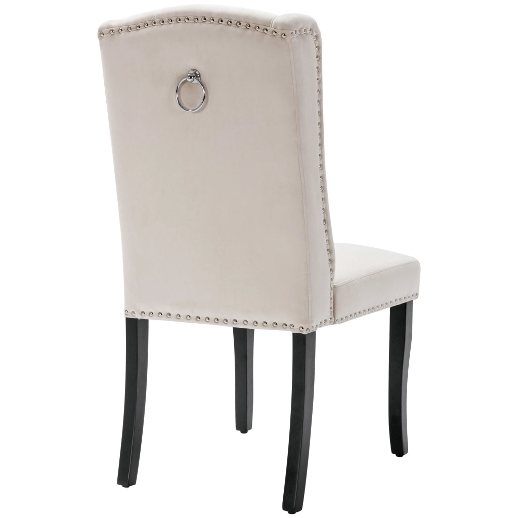 Sedia da sala da pranzo 2 pezzi in velluto con bottoni e borchie argentate, schienale curvo e gambe in rovere beige