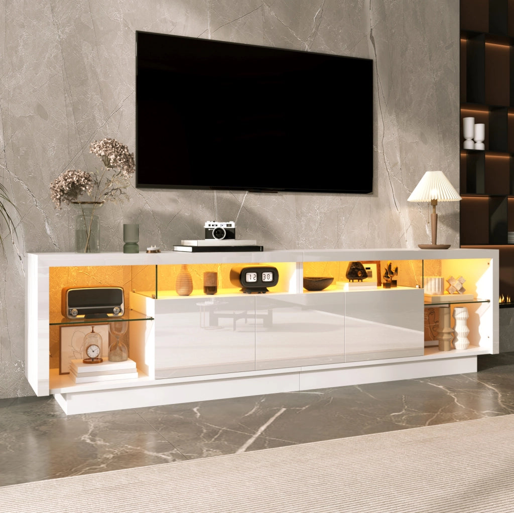 Mobile TV 200x38x55 cm con ante lucide; LED multicolore da app; in truciolare bianco