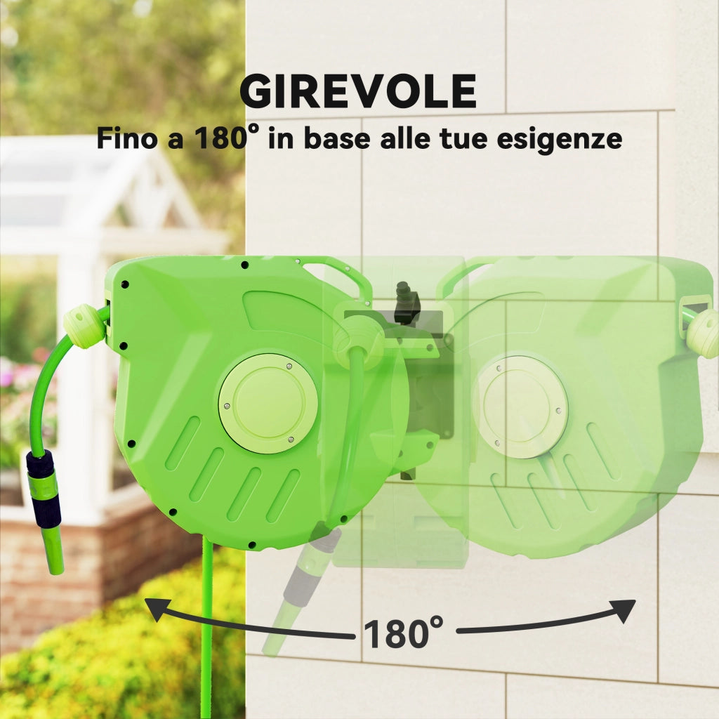 Avvolgitubo da Giardino Retrattile con Tubo dell'Acqua 15 m, Rullo Avvolgitubo da Parete Girevole a 180¡ã, Avvolgitubo Automatico Tubo da Giardino per Irrigazione in plastica, Verde