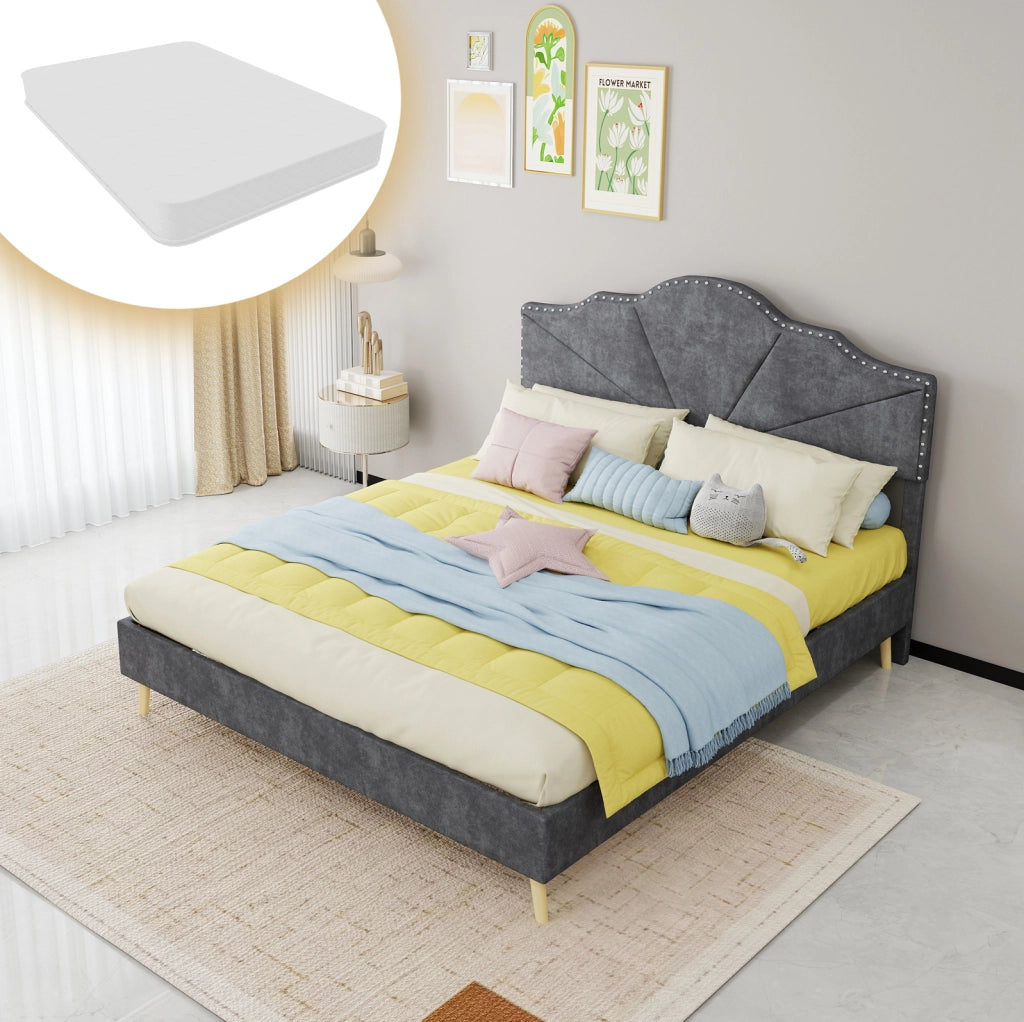 Letto 160x200 cm con testiera geometrica e rete a doghe; tessuto grigio