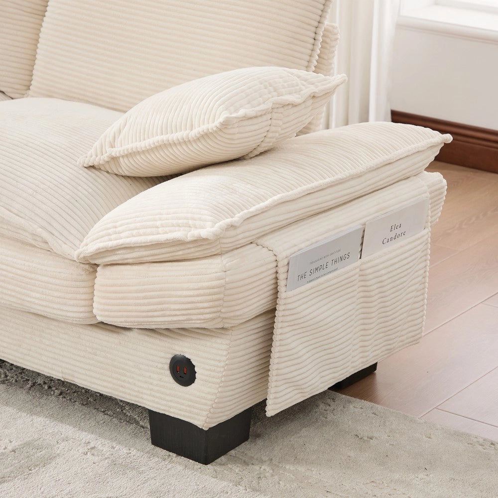 Divano 3 Posti con Poggiapiedi in Tessuto a Coste ¨C Xylo ¨C Beige, Cuscini, USB-C