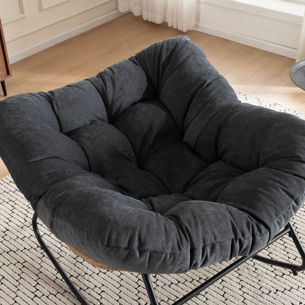 Poltrona a dondolo papasan in ciniglia con struttura ergonomica e funzione relax per soggiorno, camera da letto e terrazzo, nero