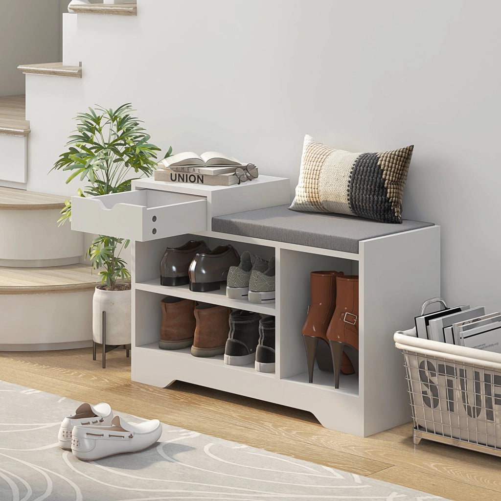 Scarpiera con Banco 1 Cassetto 3 Scomparti ¨C Zephmum ¨C MDF Bianco 76.5x30x52 cm