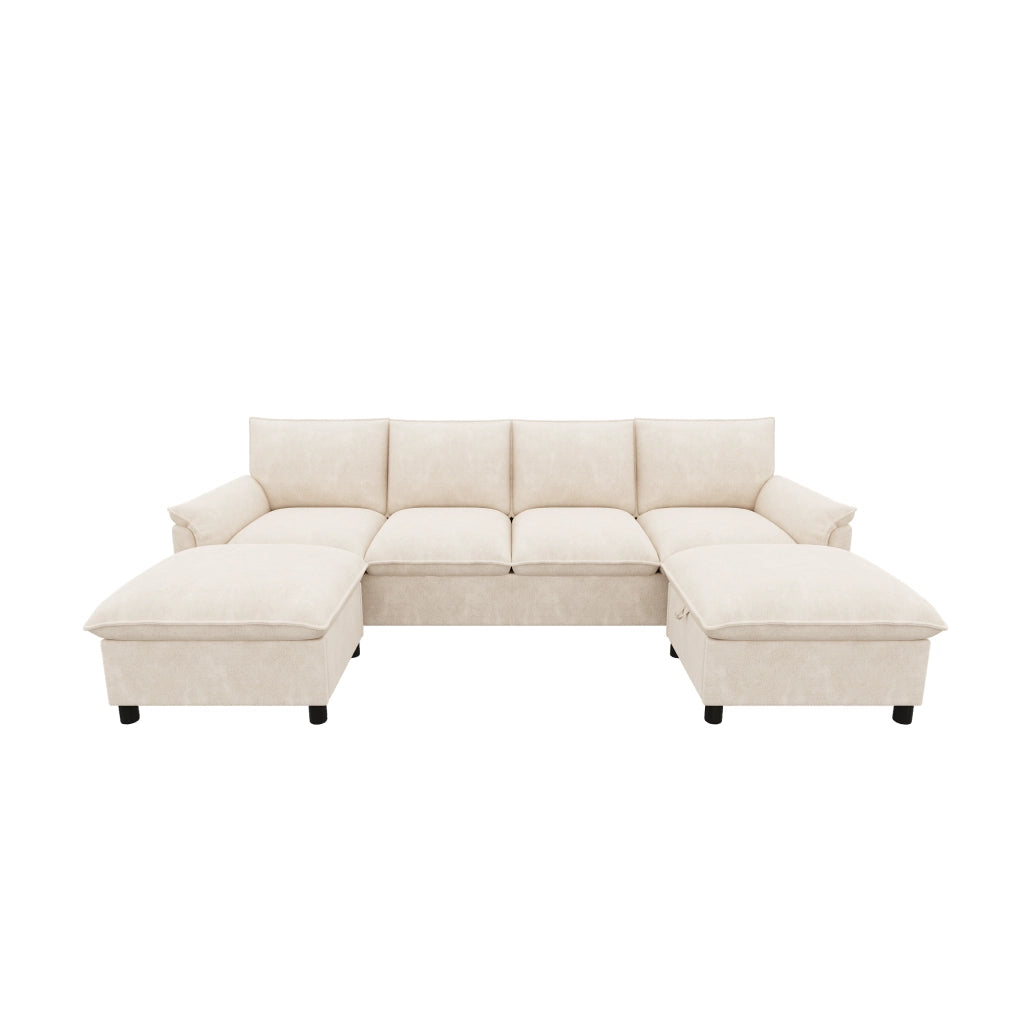 Divano angolare modulare con 2 pouf contenitore e schienale alto in chenille beige