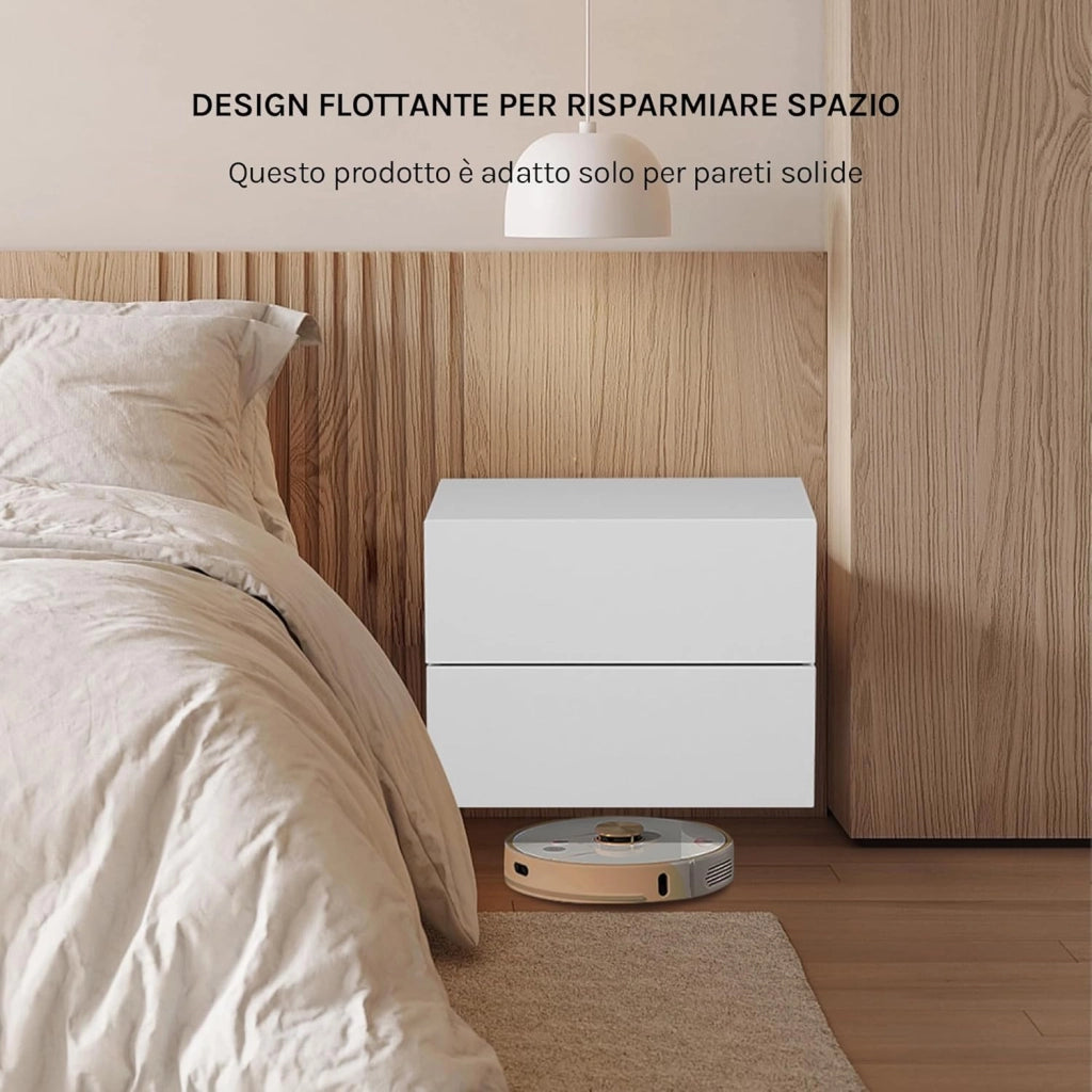 Set di 2 Comodini Sospesi con Cassetto, Comodini Galleggianti, 40x30x30 cm, Mobili per Camera da Letto in Legno, Salvaspazio, Moderno, Bianco