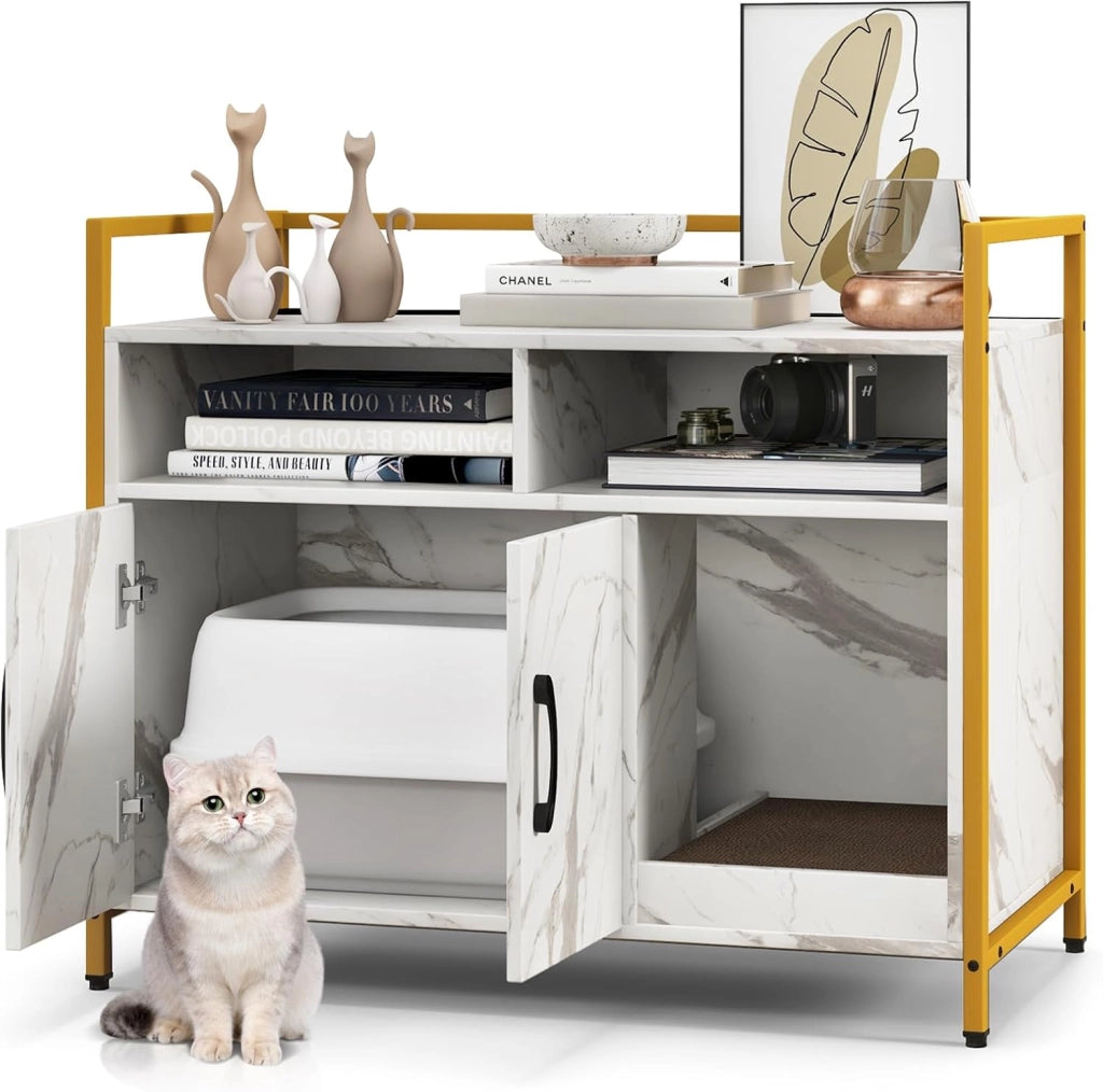 Mobile per Lettiera Gatti con Ripiani Aperti e Ripiani Chiusi con Maniglie, Mobiletto Multiuso in Legno e Metallo, Ideale per Ingresso e Soggiorno, Portata 50 kg (Bianco+Nero)