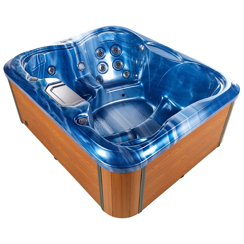 Vasca Idromassaggio Acrilico Blu 180 x 215 cm 4 Posti 19 Getti Idromassaggio Cassa in Alluminio Effetto Legno con Luce LED