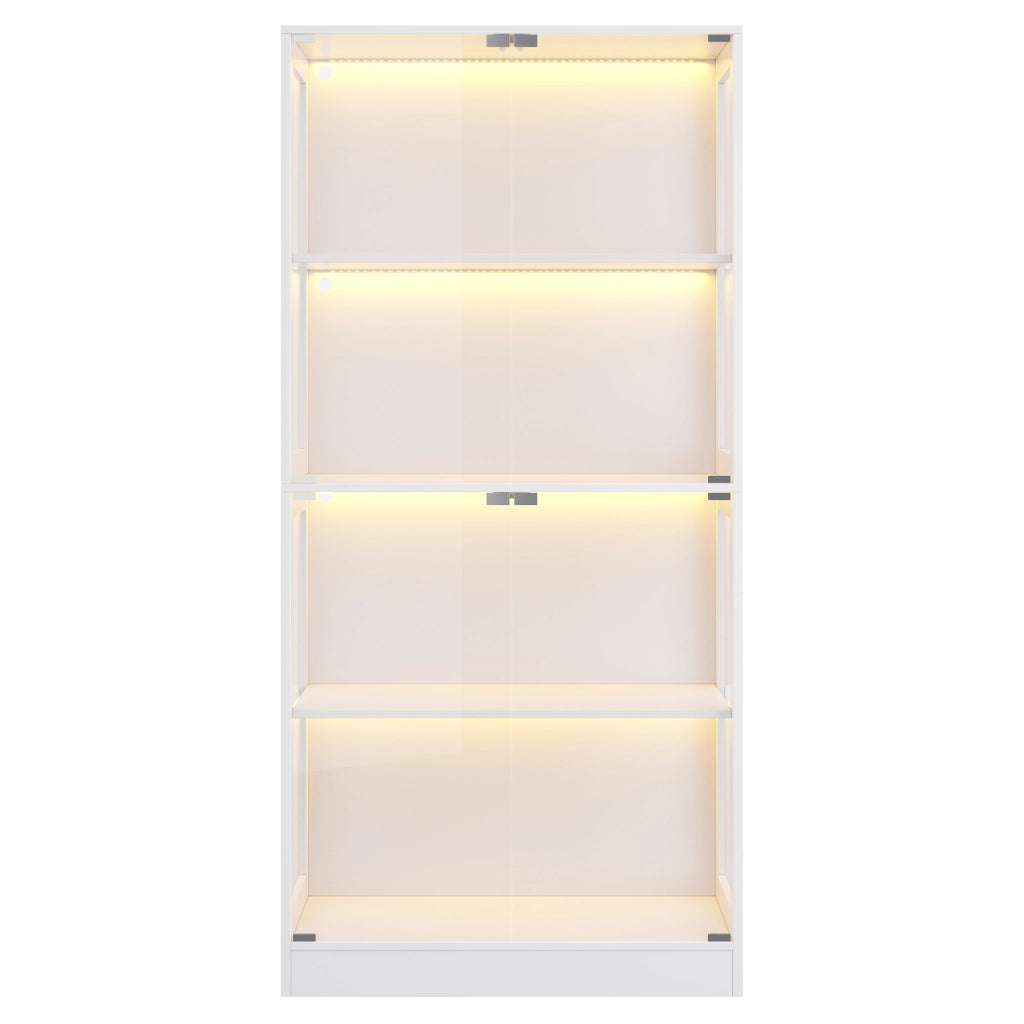 Vetrina LED in MDF e vetro temperato, 80 x 35 x 170 cm, bianca, a 4 livelli con porte push-to-open