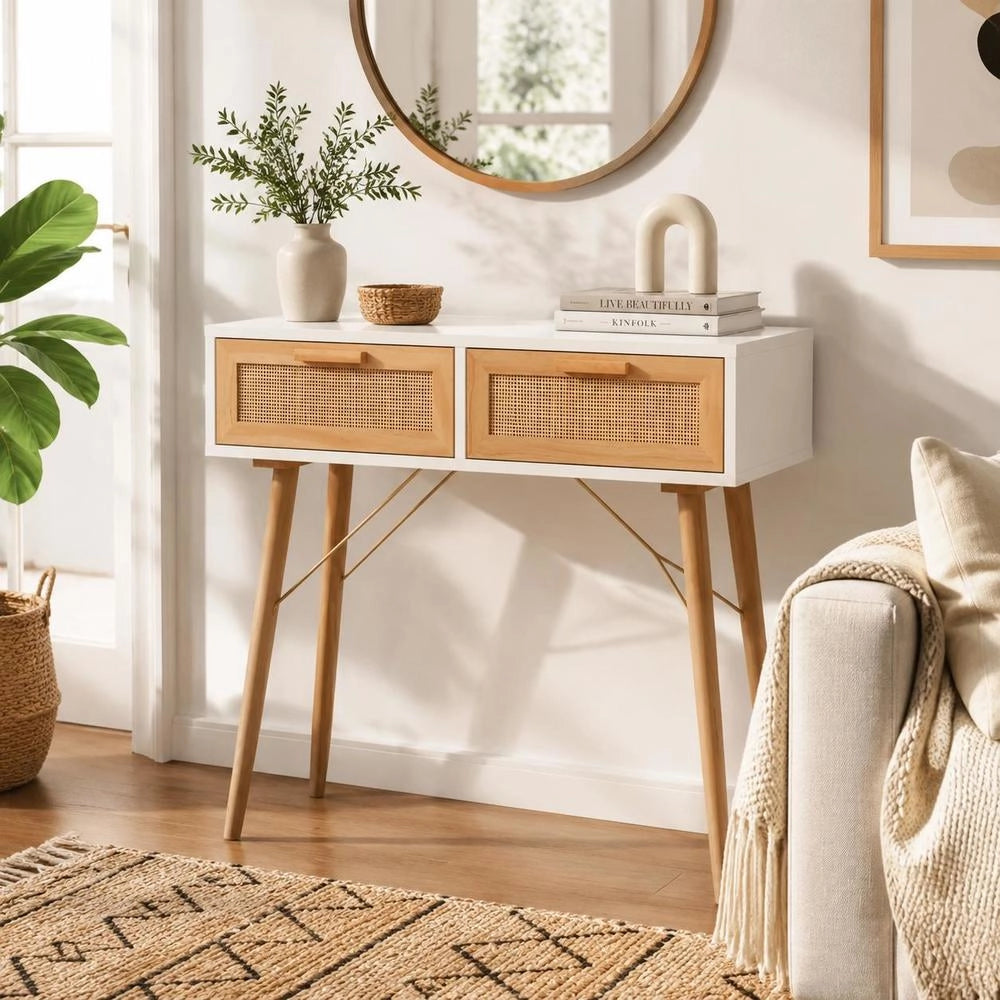 Console Table, White, 80x30x75 Cm, Solid Pine Wood, Natural Rattan