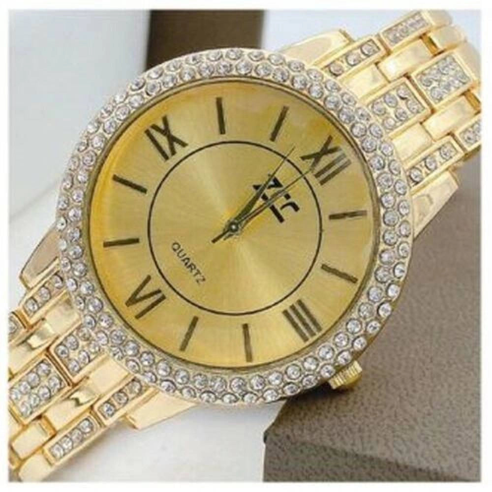 Trade Shop - Orologio Da Polso Zcc 13 Donna Acciaio Quarzo Brillantini Moda Dorato Fondo Oro -