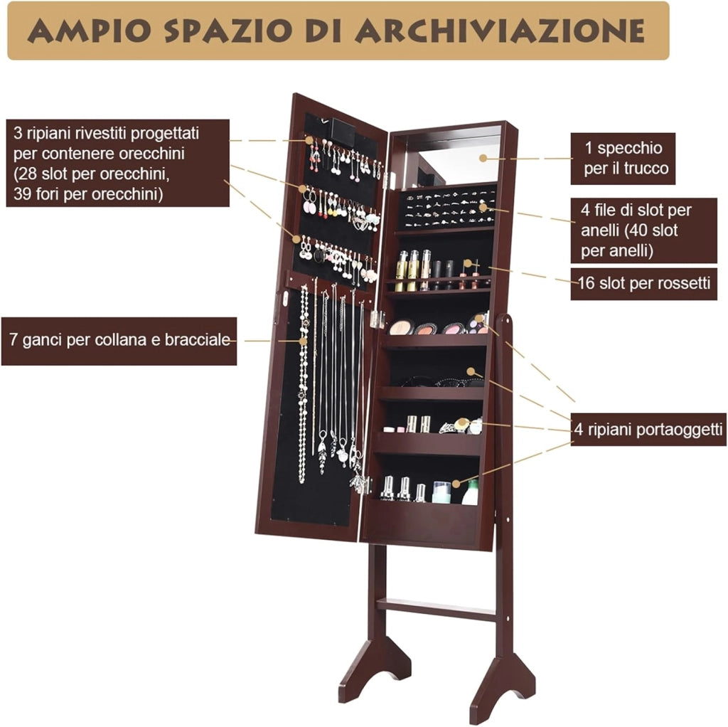 Portagioie Armadietto Specchiera con 18 Luci LED, Specchio a Figura Intera, Organizer per Gioielli Moderno Elegante, 145x35x31,5cm (Marrone)