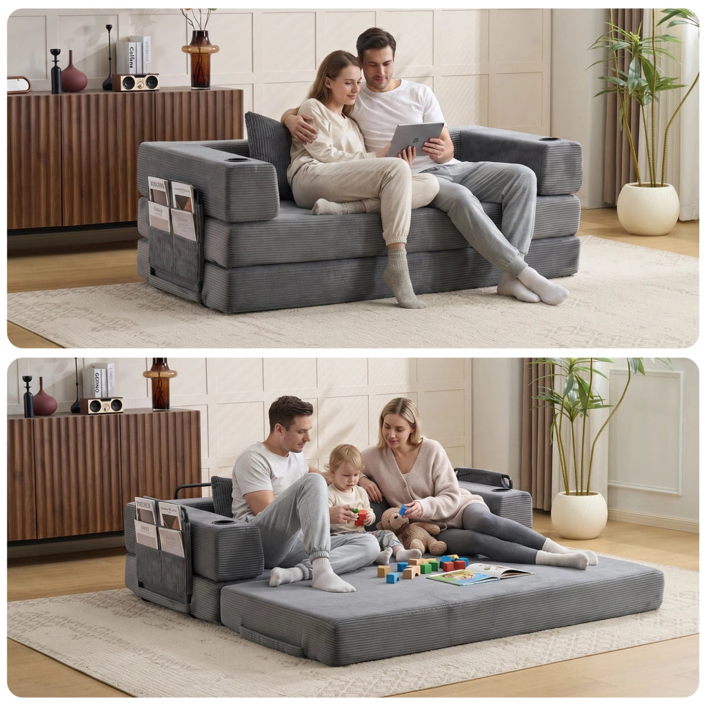 Divano letto pieghevole con funzione letto, tasche laterali e portabicchieri in velluto a coste grigio scuro per salotto