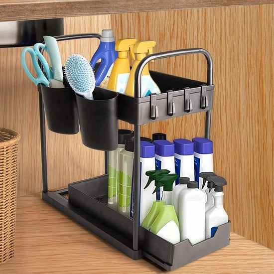 Organizzatore per sotto il lavello - 2 strati organizzatore per lavello - piastra estensibile per sotto il lavello con 4 ganci e 2 contenitori - organizzatore per cucina, lavello, bagno, armadio, nero