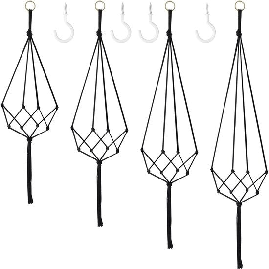 Set di 4 Pendenti Macramé in Cotone per Decorazione Boho, Pendente per Fiori, Pianta, Porta Oggetti, per Interno Esterno, Plafond, Balcone, Decorazione Muro (Nero)