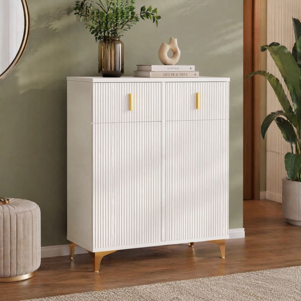 Credenza con 2 cassetti e 2 ante, ripiani regolabili e chiusura ammortizzata, bianca, 83 × 35 × 101 cm