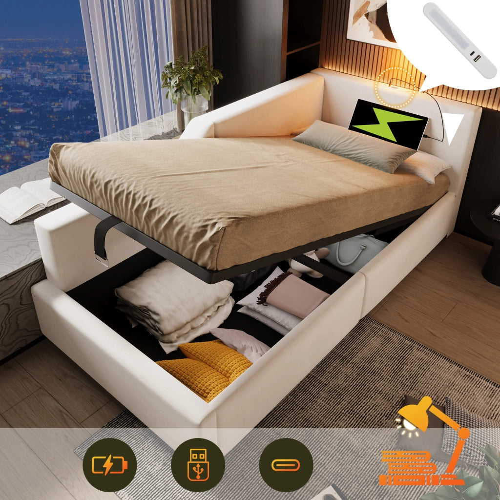Letto a Divanetto 90 x 200 cm con Contenitore; USB; Type-C e Lampada da Lettura - Beige