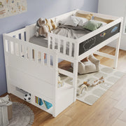 Letto a soppalco per bambini 90 x 200 cm con scala contenitore, lavagna e sponde di sicurezza, bianco