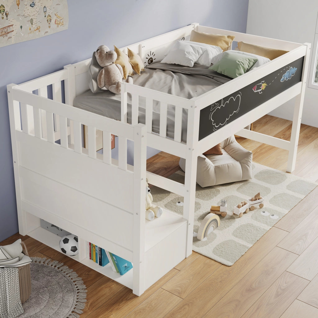 Letto a soppalco per bambini 90 x 200 cm con scala contenitore, lavagna e sponde di sicurezza, bianco