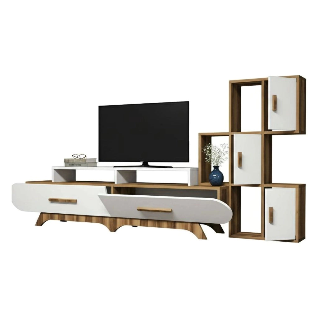 Parete attrezzata Lupo, Composizione soggiorno, Mobile salotto multiuso, Armadio porta TV, 205x37h50 cm, Noce e Bianco