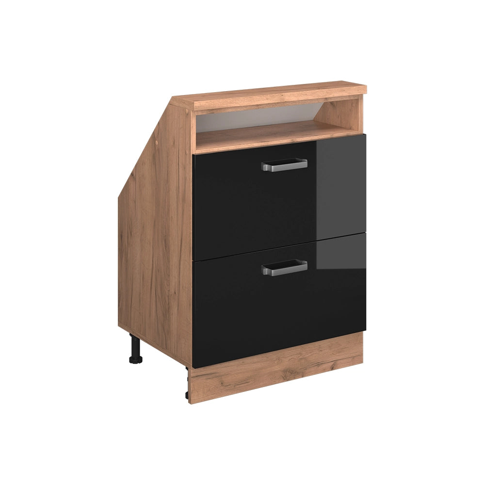 Mobile cucina sottotetto R-Line Nero lucido/Rovere dorato 60 cm con 2 cassetti Vicco