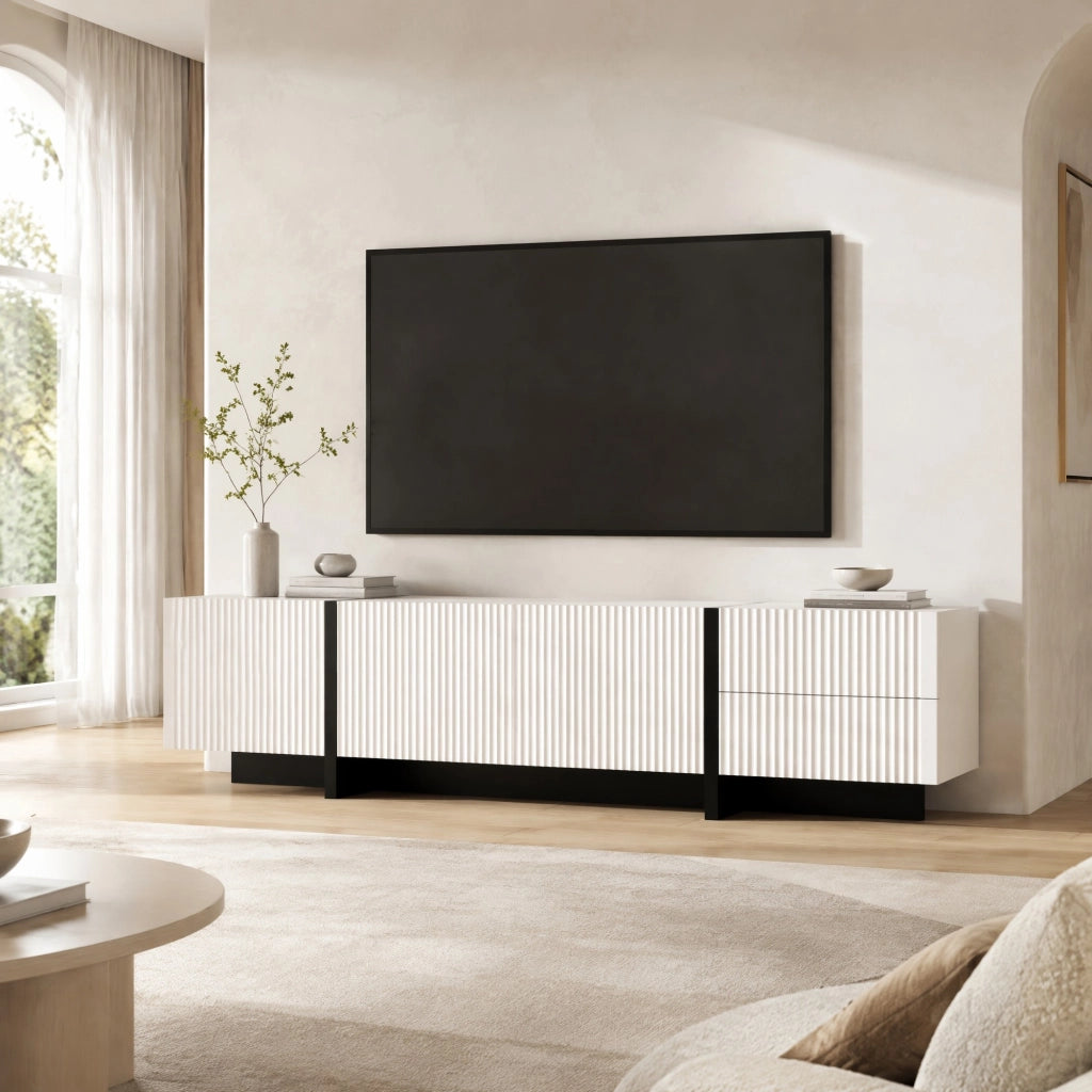 Mobile TV con 3 ante 2 cassetti e cerniere ammortizzate in MDF e pannello truciolare bianco e nero 190 × 35 × 45 cm