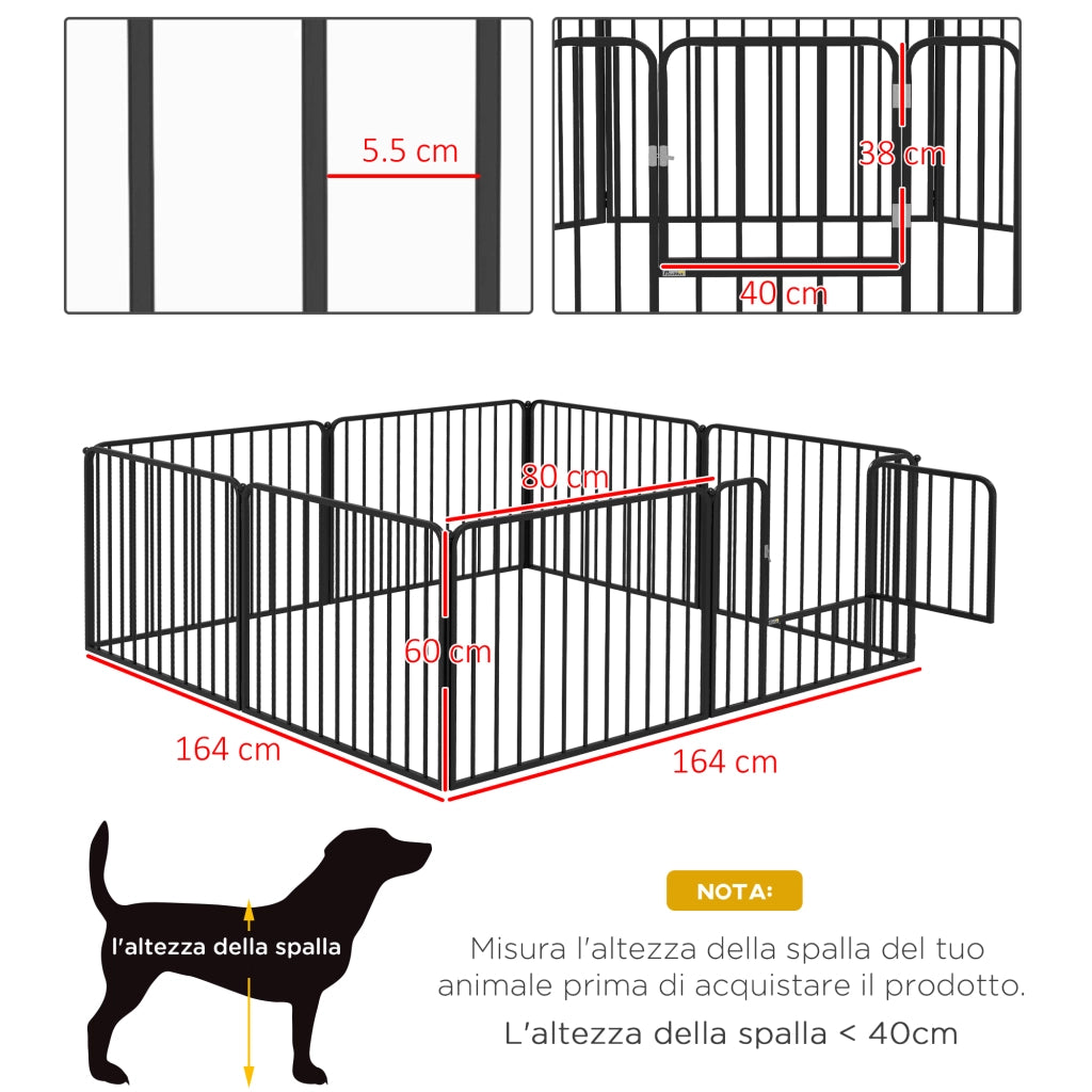 Recinto per Cani Modulabile 8 Pannelli ¨C zephmum ¨C Acciaio Nero 164x164x60 cm