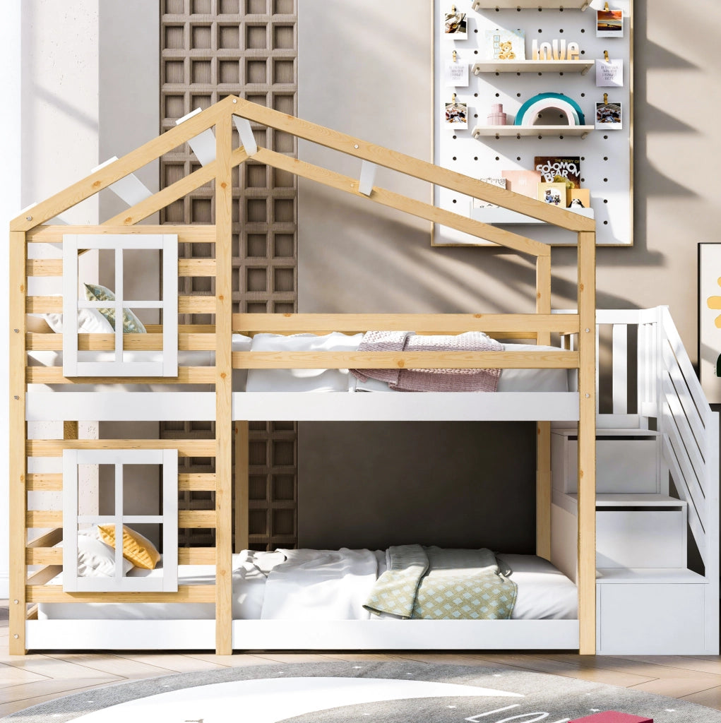 Letto a castello per bambini 90x200 cm con scala contenitore