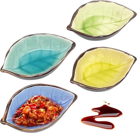 4 set di piatti a immersione in ceramica a forma di foglia, 7 x 10 cm, piccoli piatti, piatti per dip, 4 colori, piatti per snack, piatti per salse, piatti per salse e spezie
