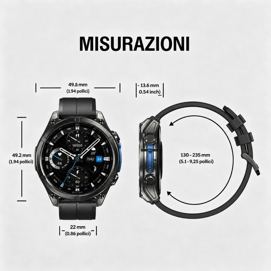 Smartwatch Orologio Intelligente con schermo AMOLED da 1;43 pollici; impermeabile 5ATM IP69K; monitoraggio della frequenza cardiaca; SpO2; sonno e attività sportiva