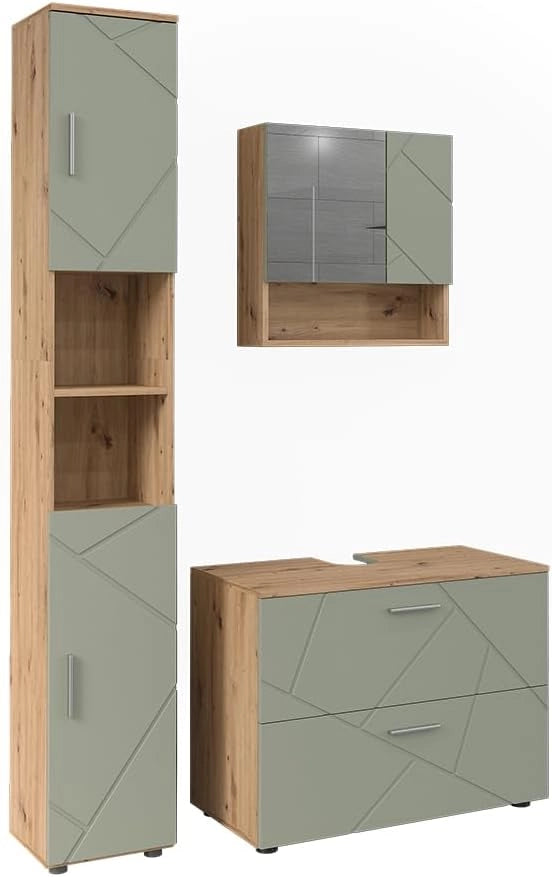 Set di mobili da bagno Irma, Verde salvia, 80 cm, composto da mobile sottolavabo, specchiera e colonna alta