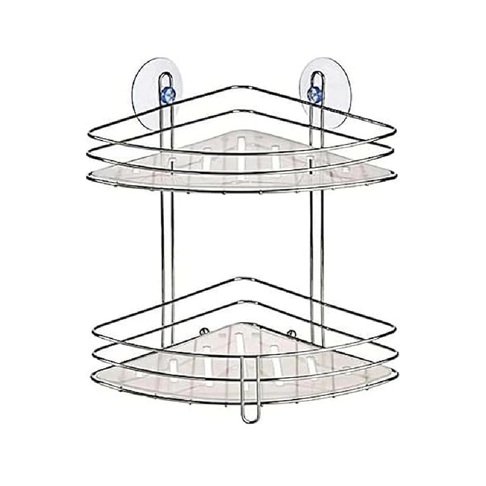 Mensola Angolare Bagno 2Piani Acciaio Cromato Montaggio Fisher o Ventosa 20x20 H26.5cm