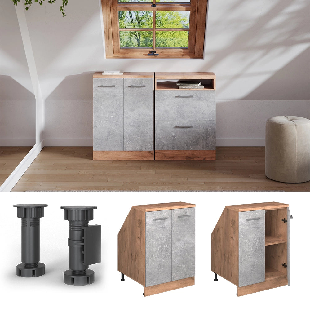Mobile sottotetto Rion Calcestruzzo/Rovere dorato 60 x 83.8 cm con 2 porte, carcassa 60 cm profondità Vicco