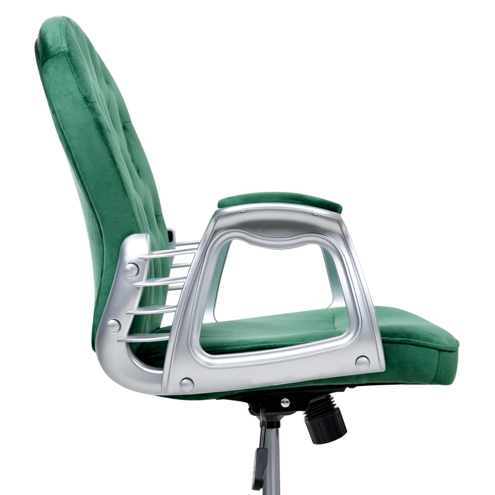 Sedia da ufficio in velluto verde con altezza regolabile e schienale trapuntato stile retrò moderno