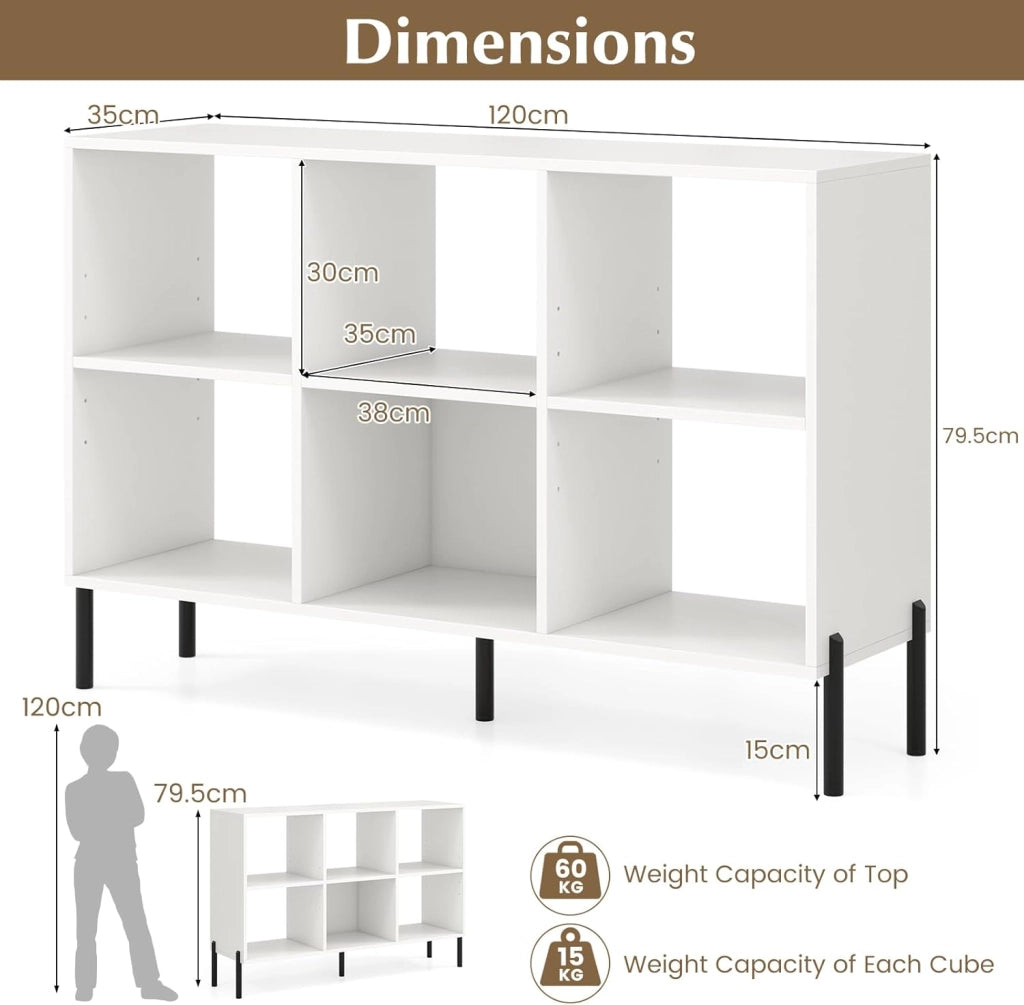 Libreria a 3 ripiani, scaffale aperto in legno con 6 cubi con gambe in metallo, mobile autoportante con ripiano regolabile, per studio, soggiorno, casa, ufficio, bianco