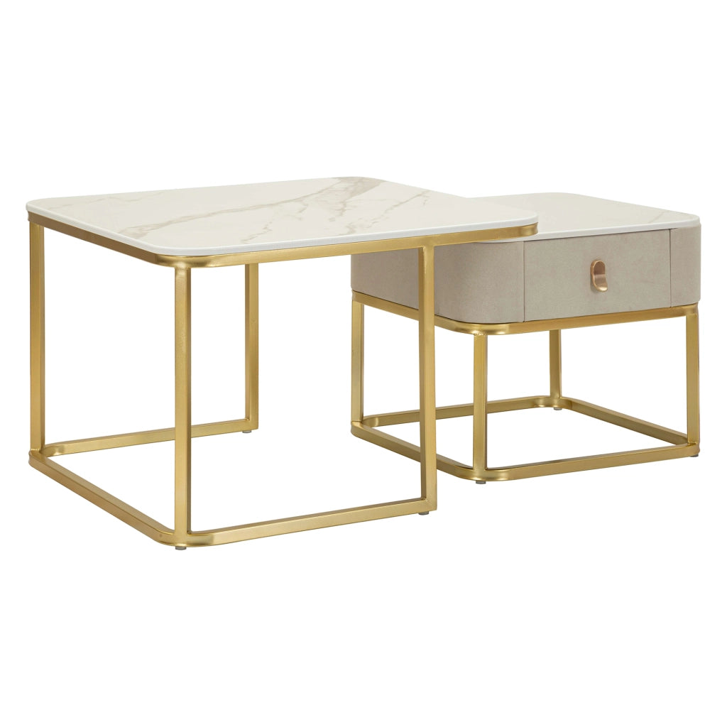 Davarere, Tavolino da Salotto un Cassetto, 70x70x48h cm Bianco Marmo