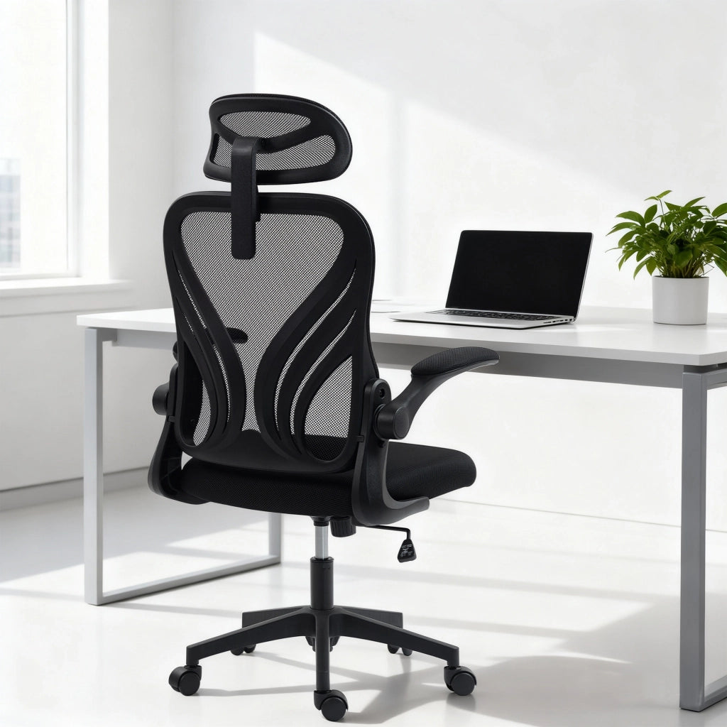Sedia da Ufficio Ergonomica con Braccioli Ribaltabili Supporto Lombare e Poggiatesta Regolabile Nero