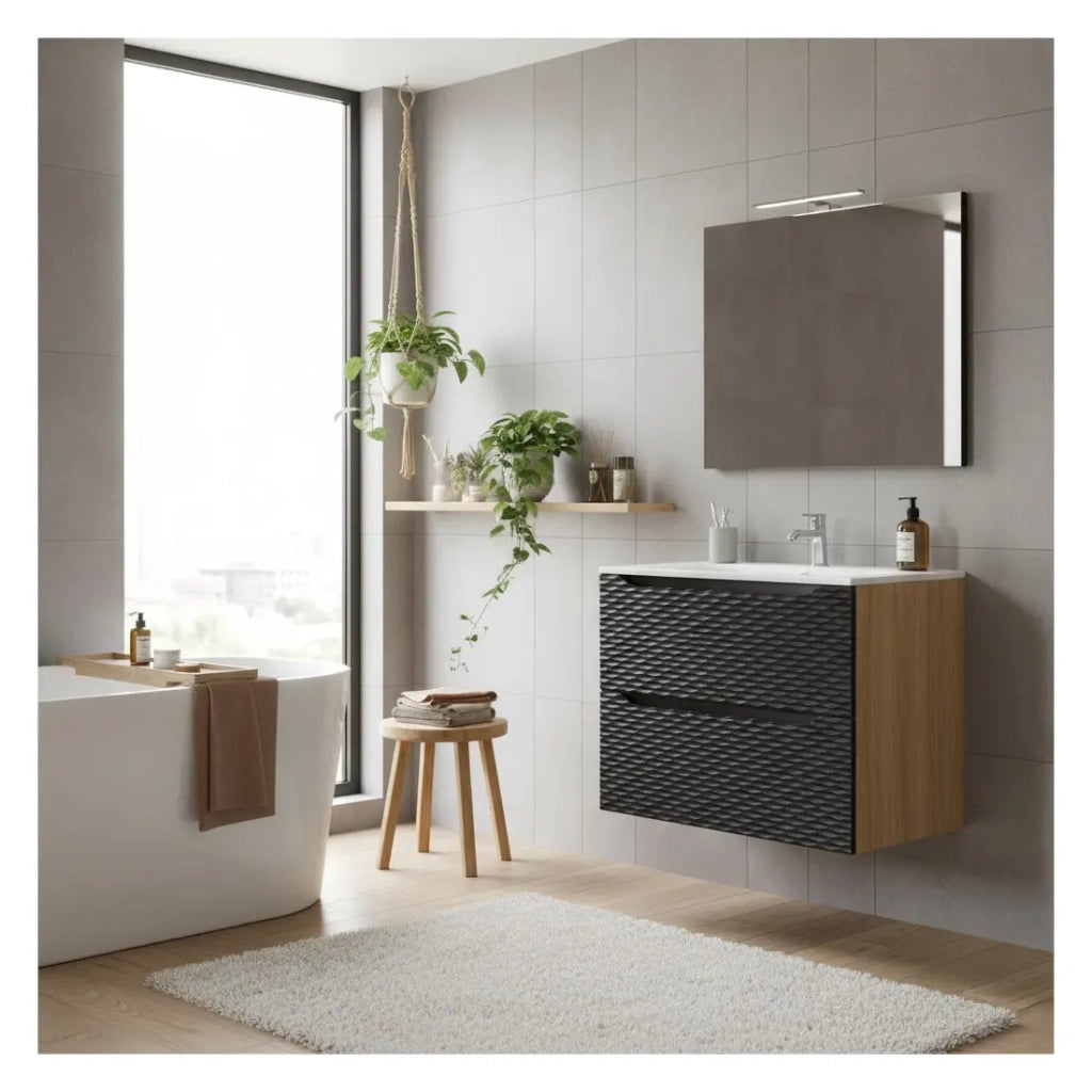 Set da bagno YOKA nero: mobiletto sotto lavabo con cassetti 70 cm + lavabo da incasso