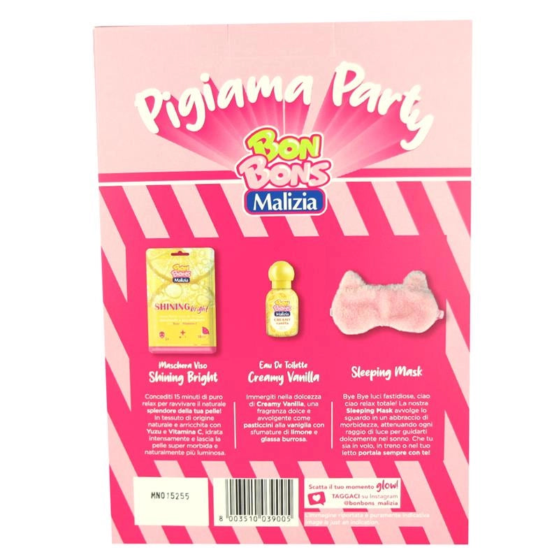 MALIZIA BONBONS CONFEZIONE REGALO  EAU DE TOILETTE CREAMY VANILLA 50ML, MASCHERA VISO SHINING BRIGHT 25ML + SLEEPING MASK PINK